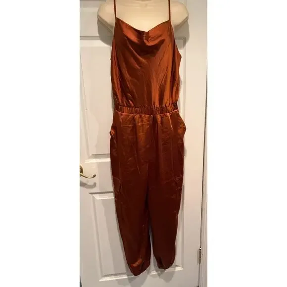 Skies Are Blue Satin Jumpsuit M Brown Cowl Neck Wide Leg Chic NWT - Picture 2 of 12